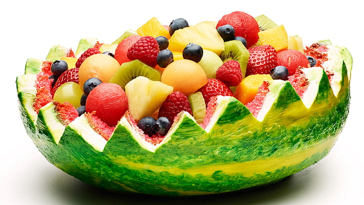 Диня кошница, плодове, ягоди, киви, плодов десерт, диня, кошница, плодове, ягоди, киви, плодове, десерт, HD тапет