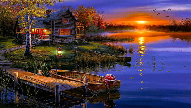 paisagem, casa, doca, romântico, barco, noite, casa, pôr do sol, baía, reflexão, iluminação, casa de campo, árvore, lago, noite, via fluvial, céu, pintura, outono, HD papel de parede