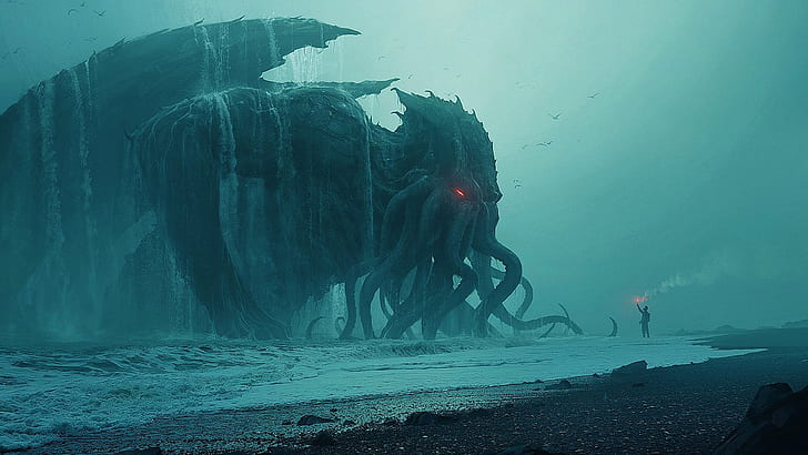 obra de arte, gigante, ciencia ficción, horror, pintura, arte digital, mar, leviatán, Cthulhu, orilla, H. P. Lovecraft, Fondo de pantalla HD