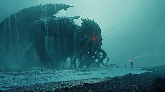 obra de arte, gigante, ciencia ficción, horror, pintura, arte digital, mar, leviatán, Cthulhu, orilla, H. P. Lovecraft, Fondo de pantalla HD HD wallpaper