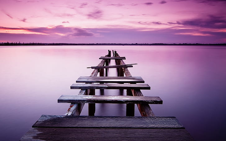 Cielo rosa, tramonto, molo, ponte, fiume, foto marrone del bacino di legno, rosa, cielo, tramonto, pilastro, ponte, fiume, Sfondo HD