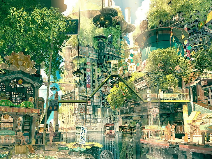 digital art japan fantasy art city street trees imperial boy, HD wallpaper