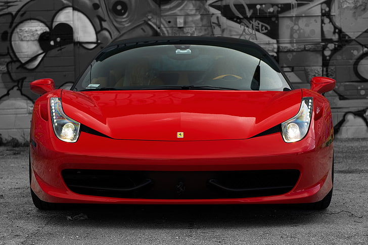 czerwono-czarne Ferrari soft-top coupe, czerwony, odblask, Ferrari, Włochy, przód, 458 italia, reflektory, Tapety HD