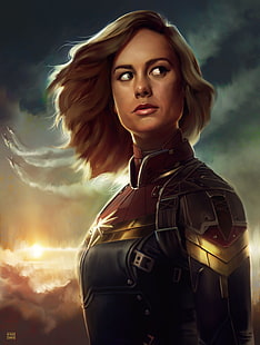 futuristik, baju besi, wanita, Brie Larson, Kapten Marvel, Wallpaper HD HD wallpaper