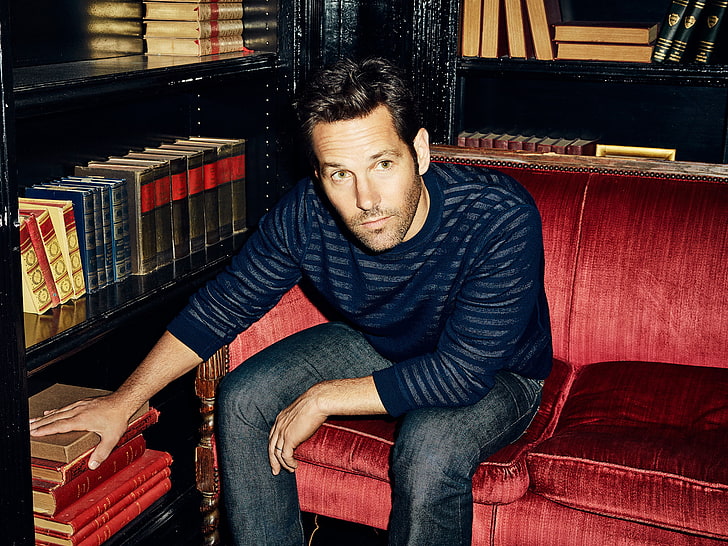 sofa, books, jeans, photographer, actor, journal, photoshoot, jumper, 2015, The Hollywood Reporter, Paul Rudd, THR, Meredith Jenks, HD wallpaper