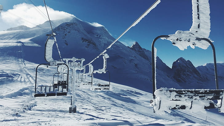 salju, musim dingin, lift ski, pegunungan, kereta gantung, Wallpaper HD