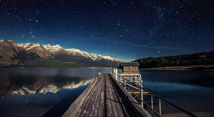 Moonlit Night, black wooden dock, Nature, Mountains, HD wallpaper