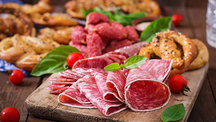 Salami, Fleisch, Vorspeise, Aufschnitt, tierische Lebensmittel, Gericht, HD-Hintergrundbild