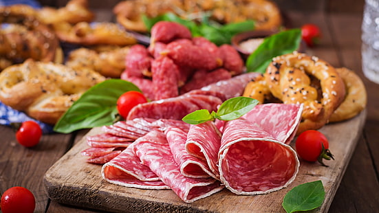 salame, carne, antipasto, salume, alimenti di origine animale, piatto, Sfondo HD HD wallpaper