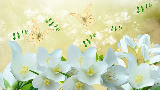 Jasmine So White, firefox persona, yellow, jasmine, butterflies, white, summer, flowers, 3d and abstract, HD wallpaper HD wallpaper
