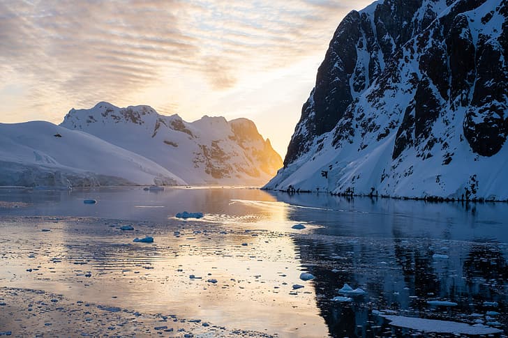 mar, naturaleza, paisaje, nieve, hielo, antártico, Antártida, puesta de sol, Fondo de pantalla HD