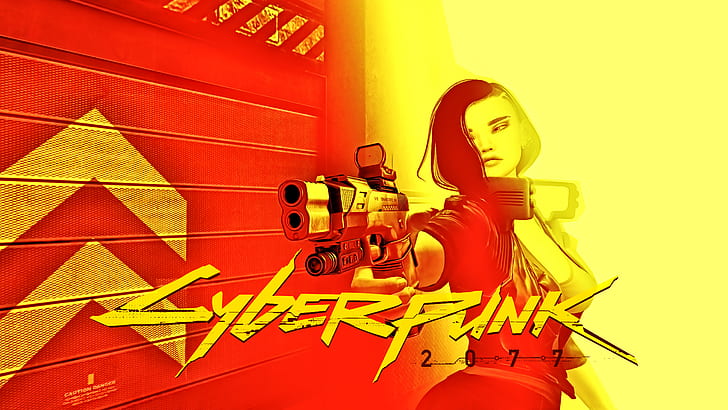 киберпанк, киберпанк 2077, научная фантастика, видеоигры для девочек, видеоигры, красный, желтый, пистолет, HD обои