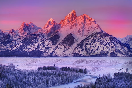 zaśnieżona góra, zima, śnieg, góry, park narodowy, Wyoming, park narodowy grand teton, alpenglow on grand teton - widok na rzekę węża, Tapety HD HD wallpaper