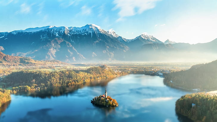 paisaje, lago, Eslovenia, lago Bled, bosque, niebla, iglesia, Fondo de pantalla HD