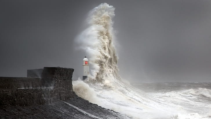 sea, storm, stones, water, wall, waves, nature, Wales, lighthouse, landscape, coastline, Steve Garrington, HD wallpaper
