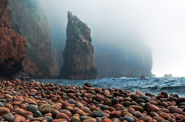 falaise de montagne brune, côte, rochers, pierres, falaise, Fond d'écran HD