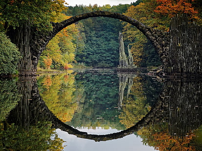 водное пространство, арочный мост камень на водном пространстве, мост, река, отражение, осень, пейзаж, красочный, Германия, Rakotzbrücke Devil's Bridge, Германия, HD обои HD wallpaper