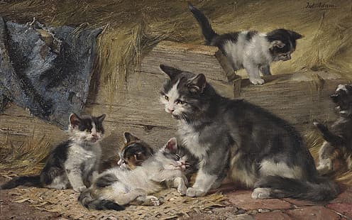 Pittore tedesco, olio su tela, mamma gatta con cinque cuccioli, Julius Anton Adam, Sfondo HD HD wallpaper