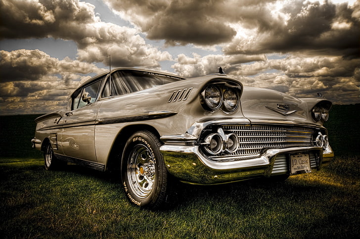 vintage grey Chevrolet Impala, chevy, antique, american muscle, HD wallpaper