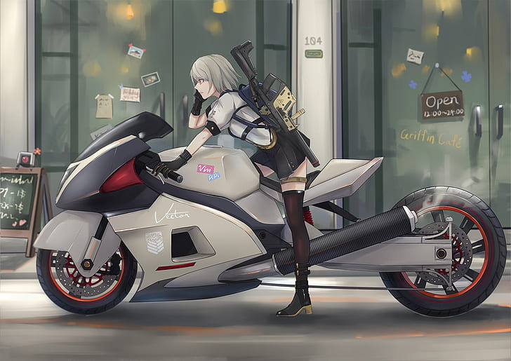 girl, anime, motorcycle, HD wallpaper