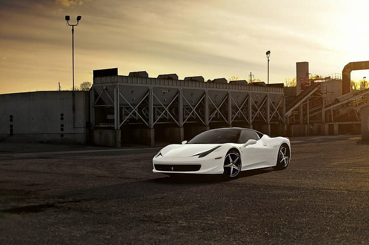 Ferrari 458 Italia, Ferrari, 458 Italia, putih, Italia, tanaman, langit, awan, Matahari terbenam, Wallpaper HD