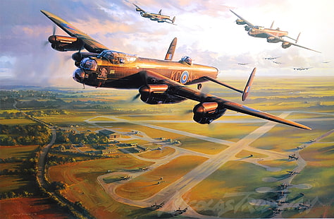 avião militar de bronze, aeronaves, guerra, arte, avião, aviação, ww2, luta de cães, avro lancaster, HD papel de parede HD wallpaper