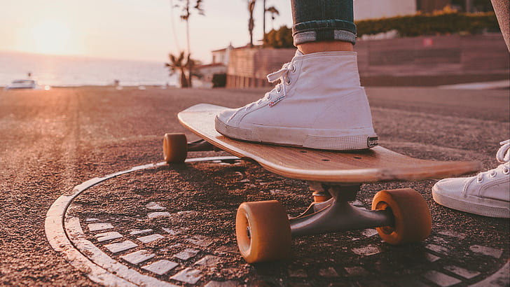 дорога, море, дом, пальмы, жара, кроссовки, скейт, скейтборд, HD обои
