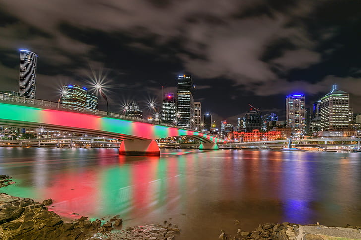 night, bridge, lights, river, skyscrapers, Australia, megapolis, Brisbane, HD wallpaper