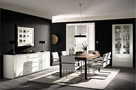 mesa retangular de madeira marrom e seis cadeiras brancas de couro acolchoado conjunto interior, estilo, design, casa, apartamento, sala de jantar, HD papel de parede HD wallpaper