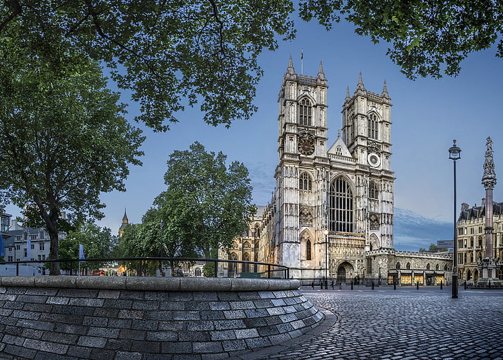 graues Betongebäude, Bäume, Uhr, England, Bereich, Laterne, Turm, Brücke, Palast, Westminster, Westminster Abbey, HD-Hintergrundbild