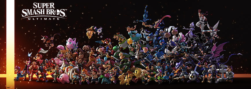 لعبة فيديو ، Super Smash Bros. Ultimate ، Bayonetta ، Bowser ، Bowser Jr. ، Bulbasaur (Pokémon) ، Captain Falcon ، Captain Olimar ، Charizard (Pokémon) ، Chrom (Fire Emblem) ، Cloud Strife ، Dark Pit (Kid Icarus) ، Diddy كونغ ، دونكي كونج ، ود. بوكيمون) ، كين ماسترز ، كينج ديدي ، كينج كيه روول ، كيربي ، لينك ، ليتل ماك (بانش أوت !!) ، لوكاريو (بوكيمون) ، لوكاس (الأم) ، لوسينا (فاير إمبلم) ، لويجي ، ماريو ، مارث ( Fire Emblem) و Mega Man و Meta Knight و Mewtwo (Pokémon) و Mii Brawler و Mii Gunner و Mii Swordfighter و Mr Game and Watch و Ness (EarthBound) و Pac-Man و Palutena (Kid Icarus) و Pichu (Pokémon) و Pikachu ، نبات البيرانا ، حفرة (كيد إيكاروس) ، مدرب بوكيمون ، الأميرة ديزي ، برينسيس بيتش ، روب (Super Smash Bros.) ، Richter Belmont ، Ridley (Metroid) ، Robin (Fire Emblem) ، Rosalina (Super Mario) ، Roy (Fire Emblem) ، Ryu (Street Fighter) ، Samus Aran ، Sheik (The Legend of Zelda) ، Shulk (Xenoblade) ، Simon Belmont ، Solid Snake ، Sonic the Hedgehog ، Squirtle (بوكيمون) ، Toon Link ، Villager (Animal Crossing) ، Wario ، Wii Fit Trainer ، Wolf O'Donnell ، Yoshi ، Young Link ، Zelda، خلفية HD HD wallpaper