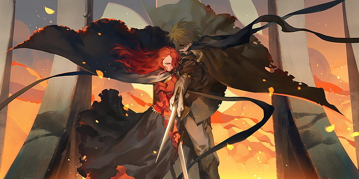 ilustrasi karakter anime pria dan wanita, pedang, berambut merah, topeng, seni fantasi, Wallpaper HD