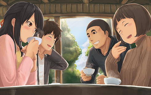 Quatre personnes assises sur le papier peint de la table, Anime, Votre nom., Kimi No Na Wa., Mitsuha Miyamizu, Taki Tachibana, Fond d'écran HD HD wallpaper