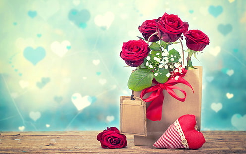 Saint Valentin, amour, roses, coeur, romantique, roses, cadeau, amour, Saint Valentin, Fond d'écran HD HD wallpaper