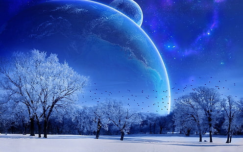 Niebieska zima, ilustracja pola śniegu, śnieg, drzewa, planeta, Tapety HD HD wallpaper