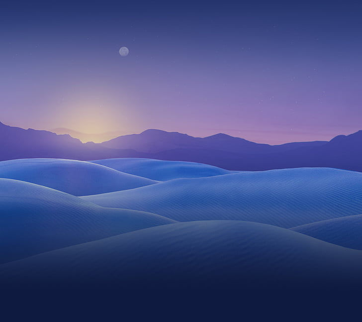 синий холм во время заката, закат, песчаные дюны, пустыня, горы, минимал, HD, HD обои