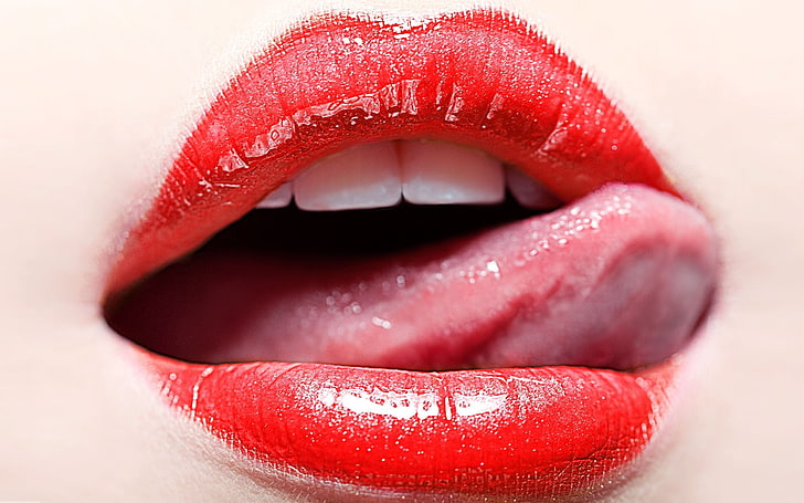 女性の赤い唇、唇、舌、化粧、歯、 HDデスクトップの壁紙