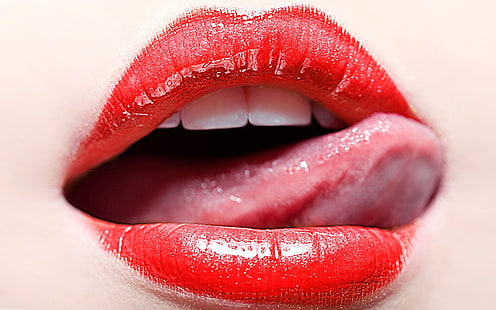 femmes rouges lèvres, lèvres, langue, maquillage, dents, Fond d'écran HD HD wallpaper