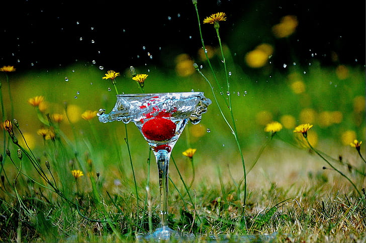 selective photo of martini glass during rain, High Speed Photography, Color Splash, selective, martini glass, rain, shutter, red, strawberry, splatter, coins, coke, nikon, summer, fast  motion, fast motion, liquid, cocktail, drink, green Color, freshness, drop, HD wallpaper