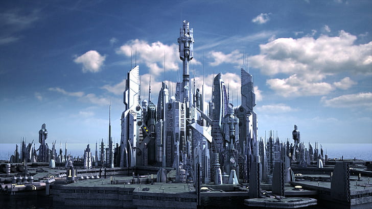 clouds, fantasy art, futuristic city, science fiction, skyscraper, Stargate Atlantis, city, digital art, fan art, video games, futuristic, building, HD wallpaper