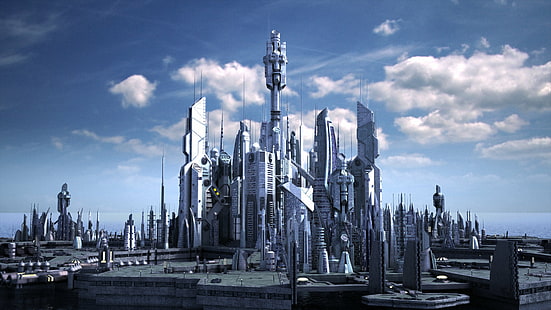 clouds, fantasy art, futuristic city, science fiction, skyscraper, Stargate Atlantis, city, digital art, fan art, video games, futuristic, building, HD wallpaper HD wallpaper