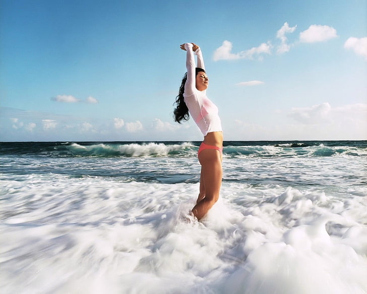 weißes durchsichtiges Top der Frauen, Meer, Welle, Schaum, Mädchen, Stimmung, Eden, Ideal, HD-Hintergrundbild