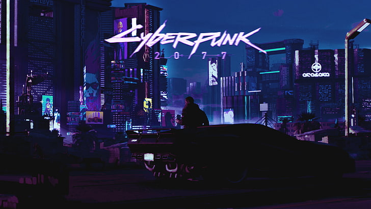 Cyberpunk digital wallpaer, Cyberpunk 2077, Retrowave, bil, stad, landskap, HD tapet