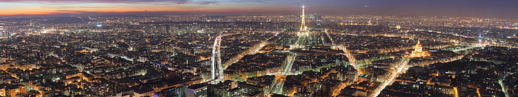aerial photo of cityscape, Paris, Eiffel Tower, night, triple screen, HD wallpaper