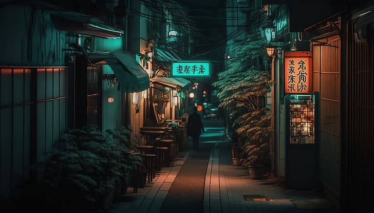 AI sanatı, Tokyo, Küçük Sokak, gece, HD masaüstü duvar kağıdı