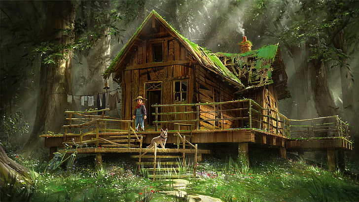 brown cabin house illustration, children, house, forest, dog, grass, trees, HD wallpaper