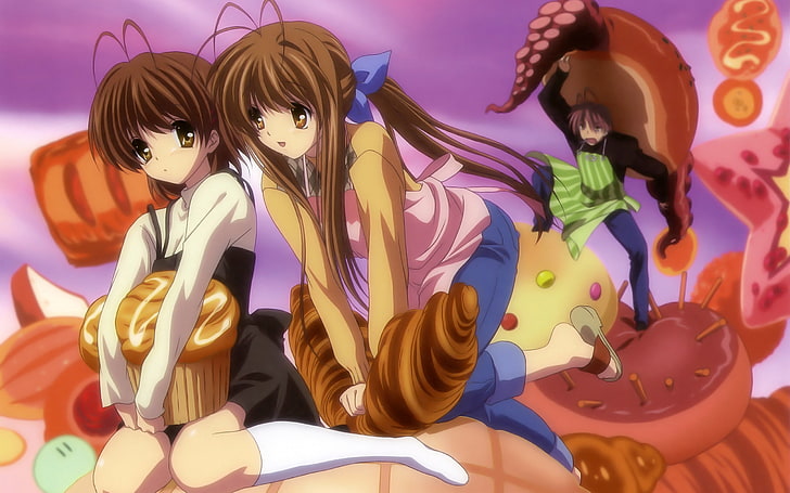 Clannad characters wallpaper, clannad, girl, brunette, cake, pursuit, HD wallpaper