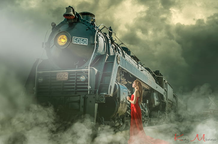 парен локомотив, жени, мъгла, HD тапет