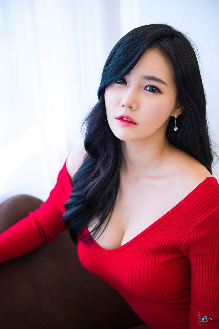 Han Ga Eun, vestido vermelho, decote em V, cabelos com um olho, ombros nus, tops vermelhos, cabelos escuros, cabelos ondulados, asiáticos, mulheres, modelo, brinco, HD papel de parede, papel de parede de celular