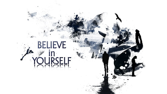 white background with yourself text overlay, abstract, digital art, men, flying, alone, web design, splashes, texture, motivational, artwork, typography, simple background, HD wallpaper HD wallpaper